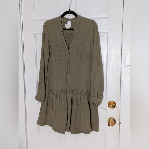 Maeve Katie Drop Waist Dress Green 100% Cotton Button Front Ruffle Hem - Picture 2 of 4